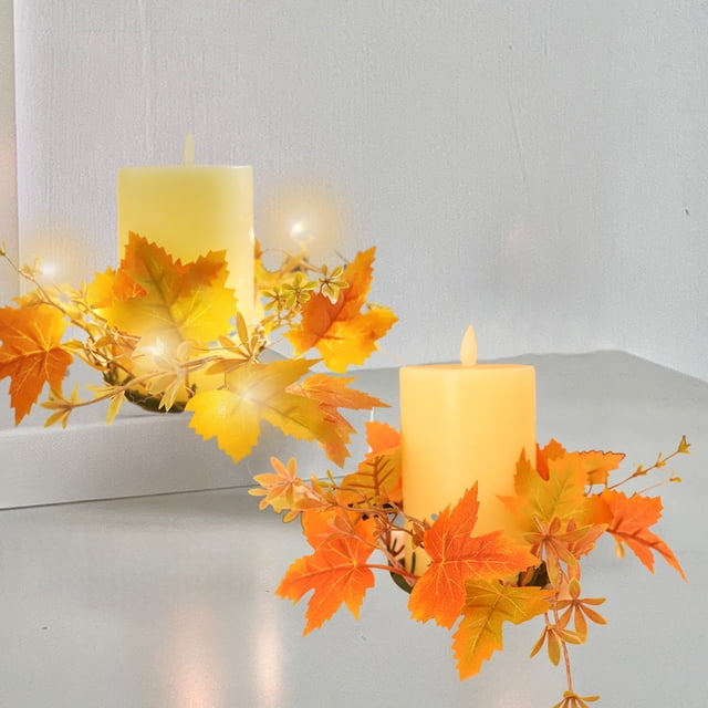 Fiudx Corona de Hojas de Arce Artificiales, Portavelas de Otoño, Hojas Vibrantes En Naranja y Rojo, Centro de Mesa para Acción de Gracias, Halloween, Decoración Navideña, Tamaño 20 X 20 X 4 Cm, 1 Pie