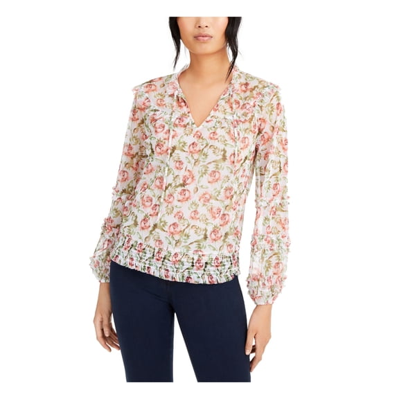 INC Womens White Sheer Floral Long Sleeve V Neck Blouse S