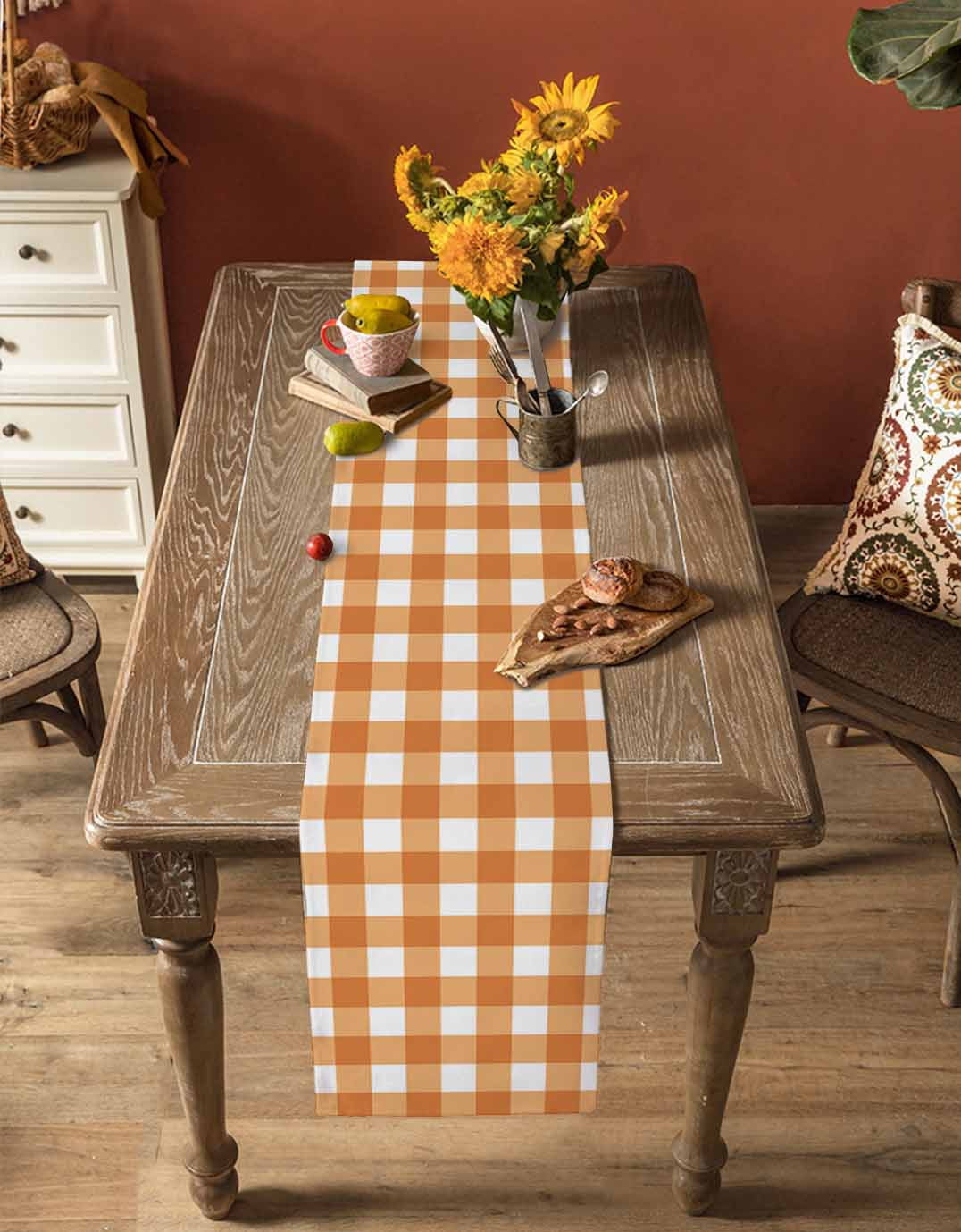nqOlkjepod Orange Plaid Table Runner 72 Inches Long Farmhouse Dress Scarves, Gradient Geometric Buffalo White Checkered Dining Tablerunner for Coffee Table/Kitchen Island/Party Décor, 13" x 72"