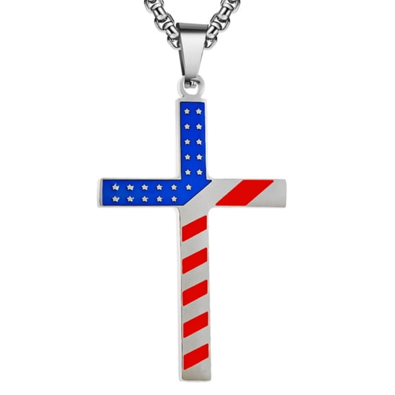 Flydeer Cross Necklace for Men Titanium Steel Patriotic Faith American Flag Pendant Chain with Bible Verse Christian Religious Birthday Christmas Jewelry Gifts