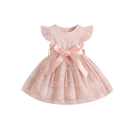 

Summer Toddler Baby Girls Princess Dress Ruffles Fly Sleeve Ribbed Knit Sequins Stars Lace Tutu Dress