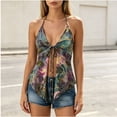 thumbnail image 4 of TEAJOPSUU Womens Halter Tops Spicy Sleeveless Deep V Neck Cami Tank Tops Tie Front Split Hem Flowy Printed Summer Casual Blouse for Beach Vacation Everyday Green, 4 of 6