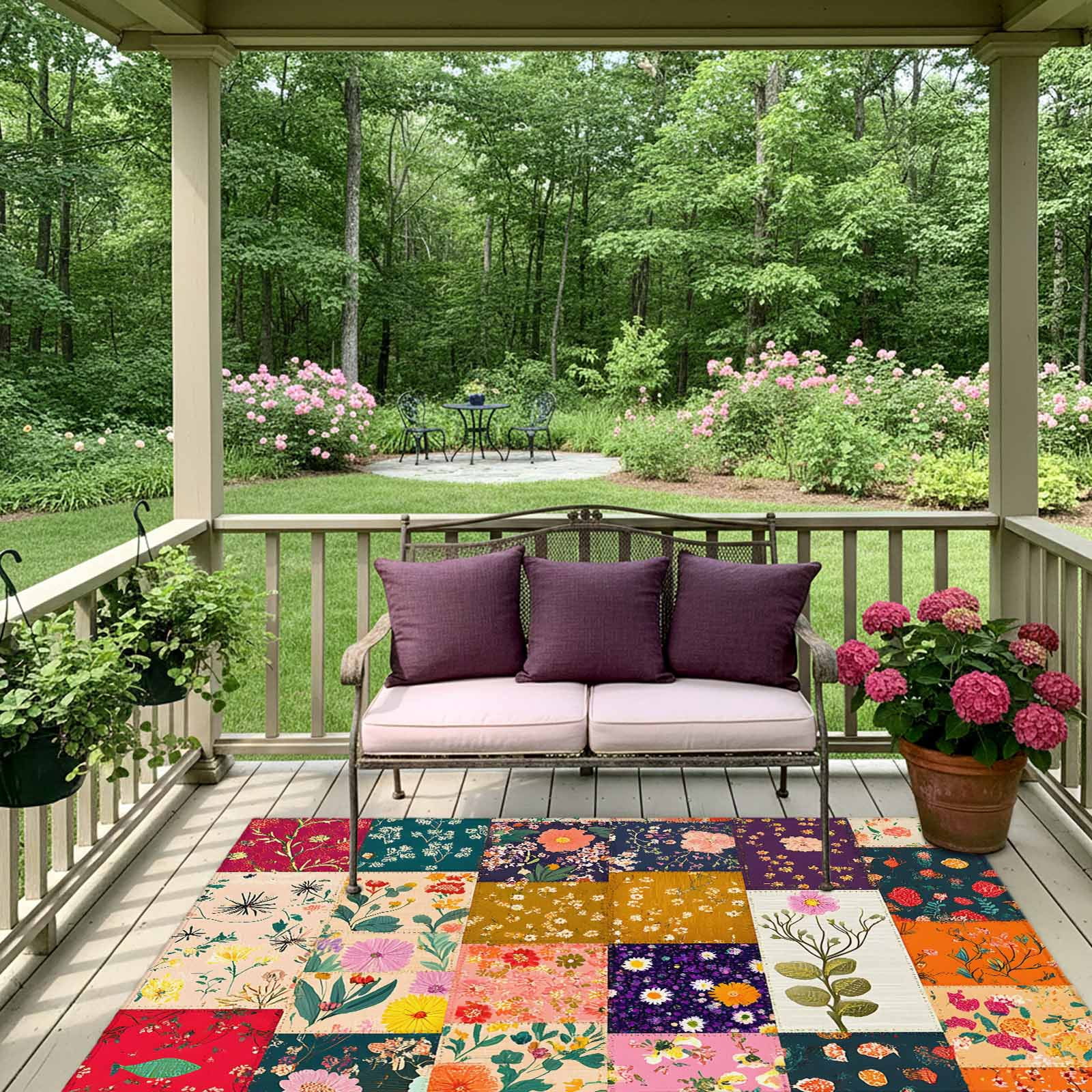 Outdoor Rug 5x8ft Retro Colorful Flowers Large Area Rug Wildflowers Splice Lattice Indoor Outdoor Carpet Outdoor Rugs Mats for Patio Camping,RV,Front Door, Outside Decor