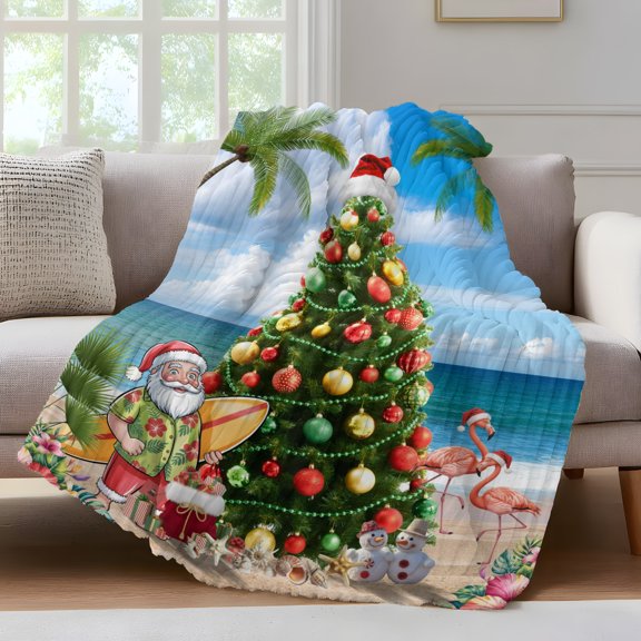 Blue Coastal Christmas Fleece Throw Blanket for Couch, Summer Beach Xmas Tree Santa Microfiber Flannel Blanket for All Season, Lightweight Fuzzy Plush Throw Blankets for Gifts, Office, 40"x50"