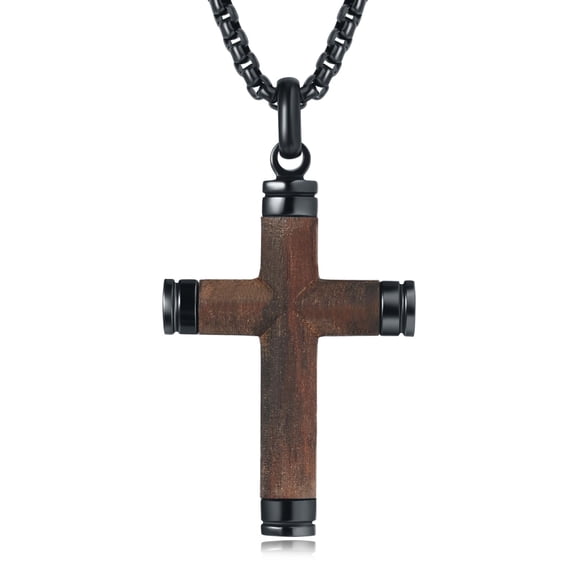 Wooden Cross Necklace for Men, Real Ebony Mens Cross Necklaces Black Stainless Steel Christian Wood Pendant, Necklace 24" Round Box Chain