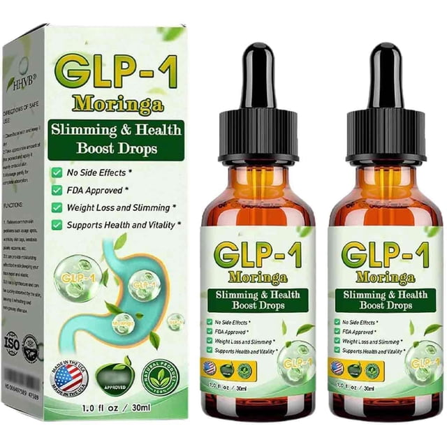 2 pcs hhvb glp-1 moringa & health boost drops, supplement organic for women and men par de frascos ámbar de 30 ml con cuentagotas y etiqueta blanca y verde que muestra GLP-1 Moringa Slimming & Health Boost Drops; caja a la izquierda con textos e iconos de beneficios visibles; suplemento en la sección vitaminas y suplementos, apto para llevar en viaje.