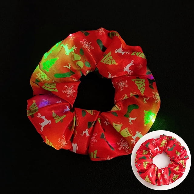 2024 Navidad promocional Año nuevo diseño suministros de decoración para fiesta satén LED banda elástica para el cabello diademas ligeras brillo seda Scrunchie