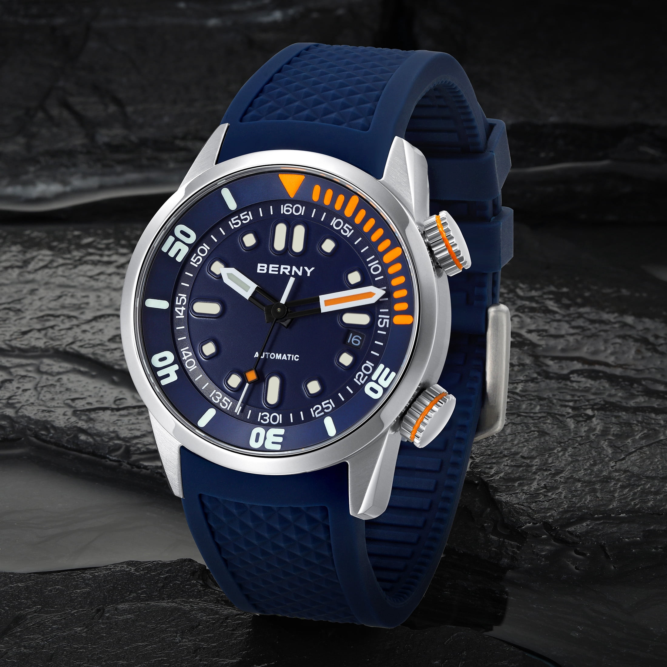 BERNY Automatic Dive Watches for Men, Sport 20ATM Waterproof Analog Mechanical Watch with Date, Super Luminous, Silicone Strap, Stainless Steel, Sapphire Crystal, Men's Pro Diver Watch (Blue)
