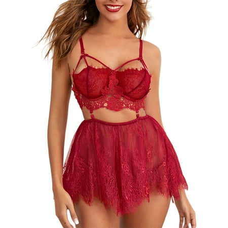 

Gwiyeopda 3PCS Women Lingerie Outfits Sleepwear See through Lace Flower Bra Mesh Short Skirt Thong Suits