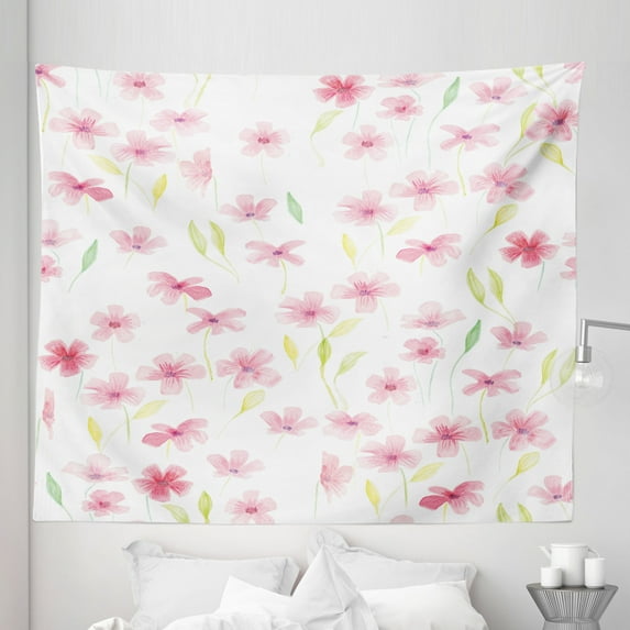 Floral Tapestry, Pastel Hand Painted Watercolor Style of Ornamental Flowers and Leaves, Fabric Wall Hanging Decor for Bedroom Living Room Dorm, 5 Sizes, White Pink Pale Yellow, by Ambesonne