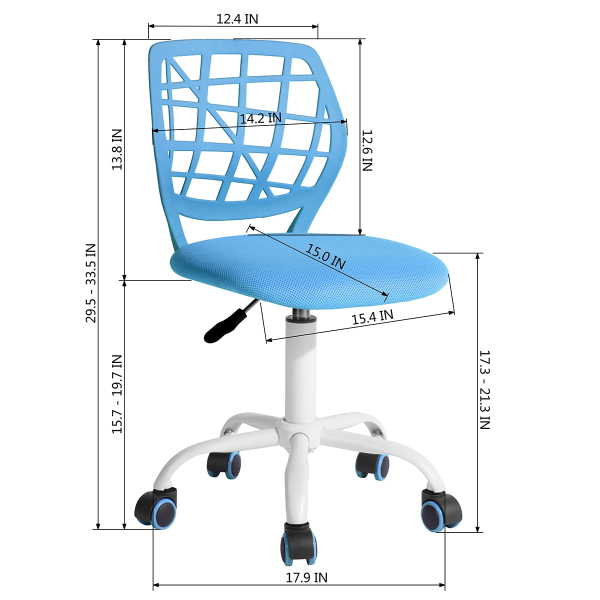 Armless Task Chair for Teens Girls, 360° Swivel Height Adjustable Desk Chair, PP Mesh Back Fabric Seat with Rolling Casters for Study Bedroom Vanity