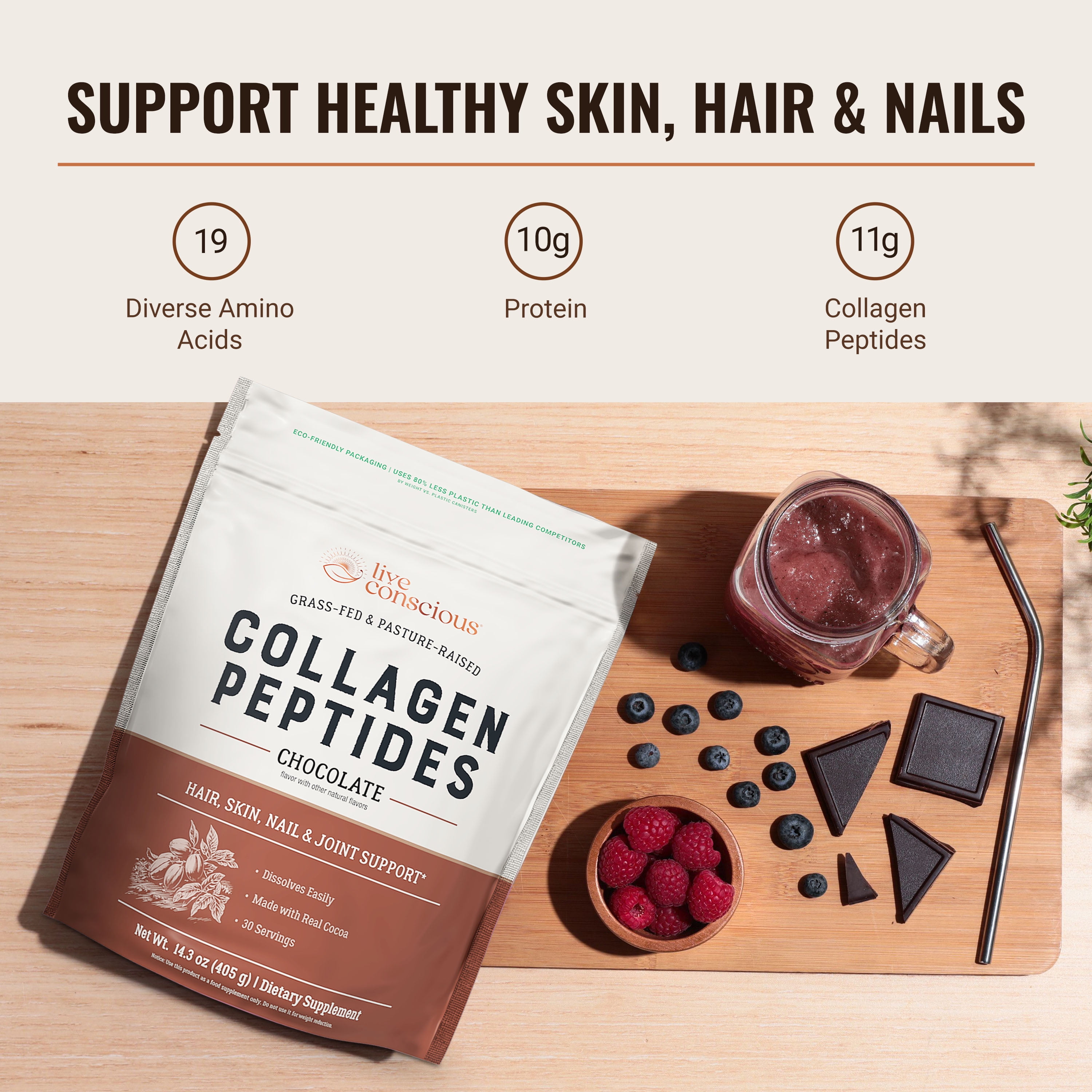 Live Conscious Peptides Chocolate Collagen Powder, Grass-Fed Types I & III, Skin, Hair, Nails & Joint Support, 30 Servings