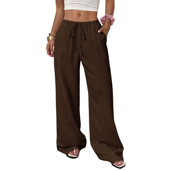 Women'S Palazzo Pants Summer High Waisted Wide Leg Drawstring Flowy Beach Trousers with Pockets Dark Brown M