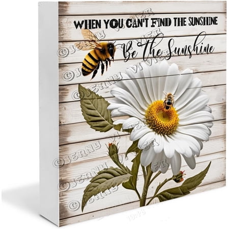 Bee Be The Sunshine Wooden Box Sign Inspirational Quote Gifts for Women and Men Bee Farmhouse Decor Country Nursery Decor Shelf Decor Accents Wood Block Signs 5"x5"