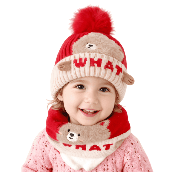 Baby Kids Winter Warm Hats, Infant Toddler Children Pom Pom Beanie Knit Cap Girls Boys-2 piece