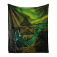 thumbnail image 1 of Aurora Borealis Soft Flannel Fleece Throw Blanket, Pale Weather over the Hills Waterfall Creek Nature Landscape, Cozy Plush for Indoor and Outdoor Use, 70" x 90", Fern and Olive Green, by Ambesonne, 1 of 6