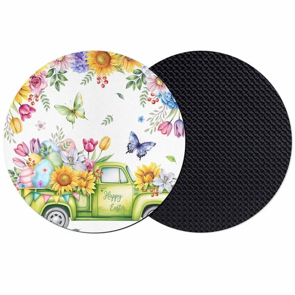 Happy Easter Coasters Set of 2, Absorbent Coasters for Drinks, Watercolor Truck Eggs Flowers Butterfly Botanical Coaster for Desk Coffee Table Protection, Home Decor House Warming Gifts 4"