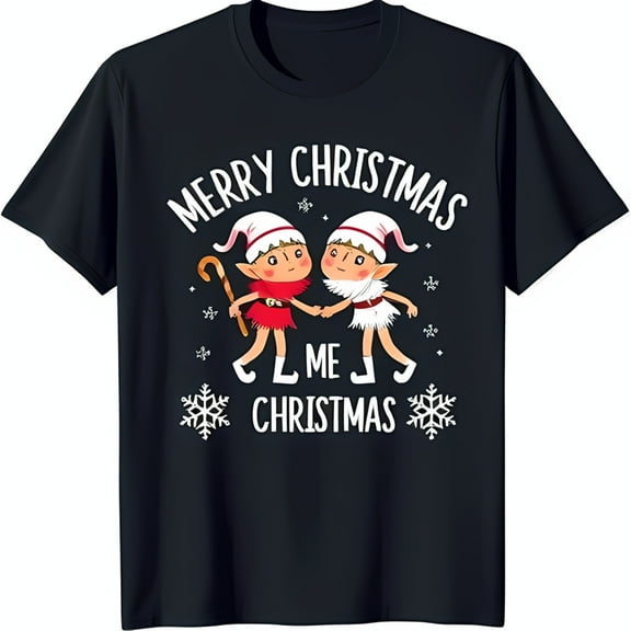 Festive Black T-Shirt with Playful 'Merry Christmas Me Christmas' Text and Dancing Cartoon Elves