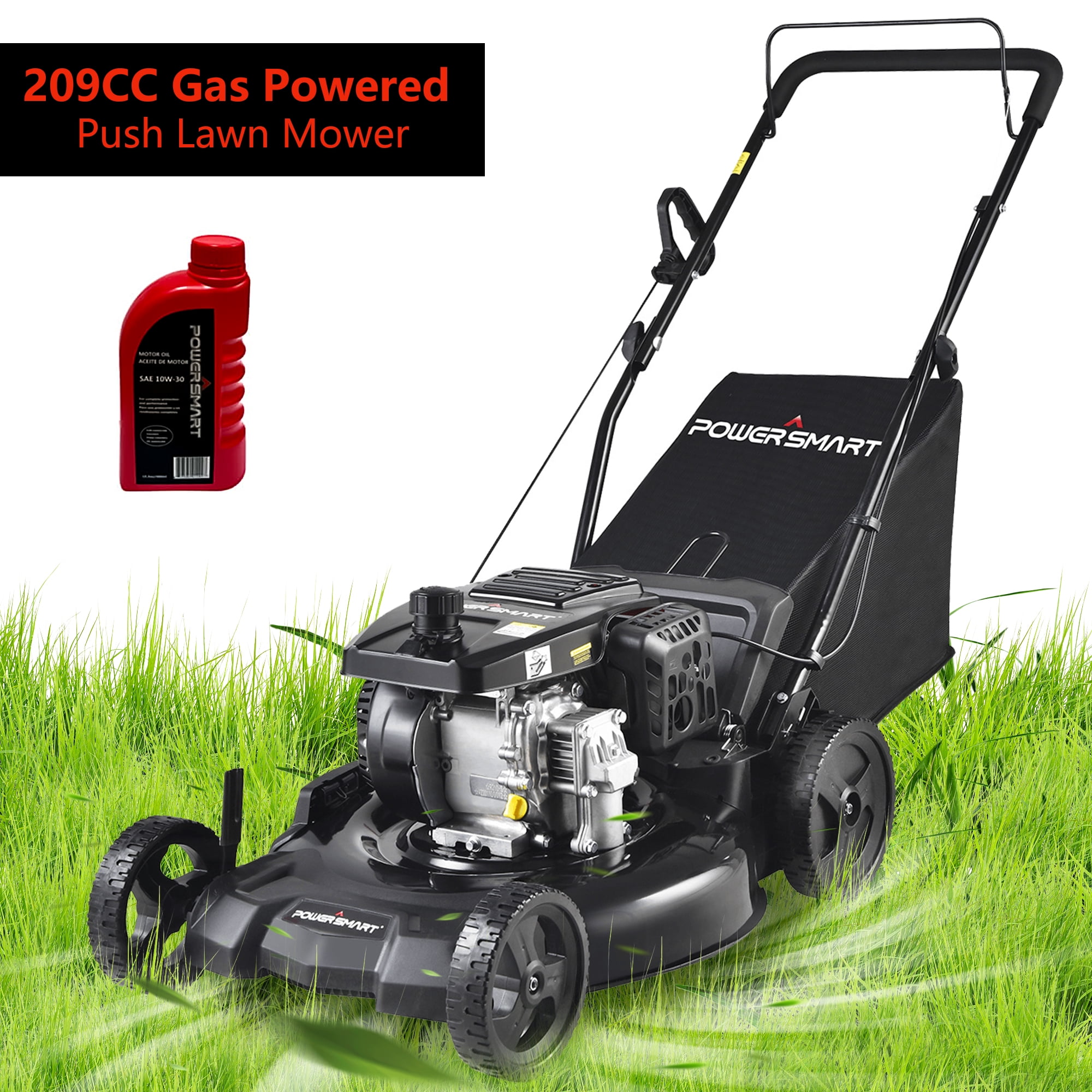 BTMWAY Walk Behind Lawn Mower, 21 Inch Push Lawn Mowers Gas Powered, 3-in-1  Gas Mower with Bag, 209CC 4-Stroke Engine, 5 Adjustable Height, Lawn Mower