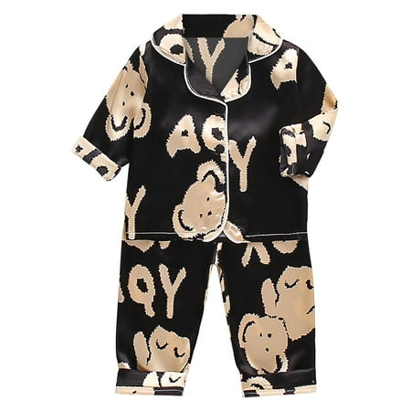 

Baby Girls Night Clothing Cartoon Printed Turn-Down Collar Long Sleeve Satin Button Down Shirt Tops And Pants Silk Pajamas Outfits Loungewear Set Comfortable Soft Cozy Homewear