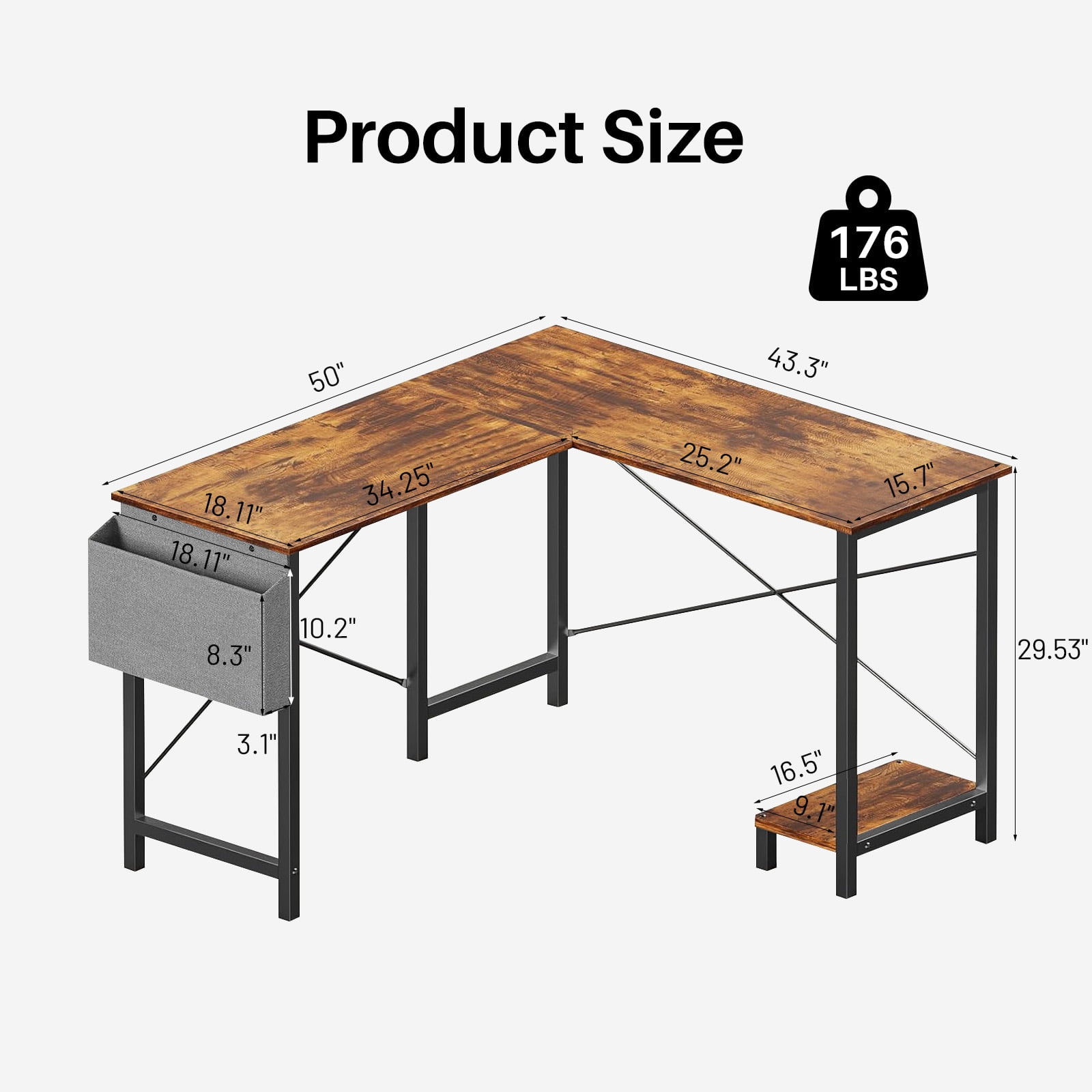 TINKLE WELL 50-inch L-Shaped Computer Desks, Corner Gaming Table with Wooden Desktop, Reversible Design, CPU Stand and Side Bag for Home Office, Study, Vintage Brown
