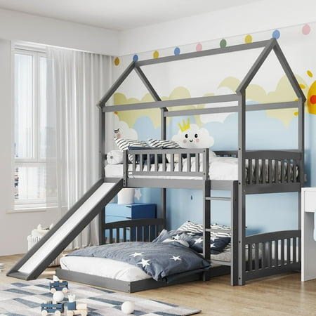 Royard Oaktree Twin Over Twin House Bunk Bed with Roof and Slide Wooden House Bed Frame with Guardrail and Ladder for Kids Boys Girls Teens, No Box Spring Needed, Gray