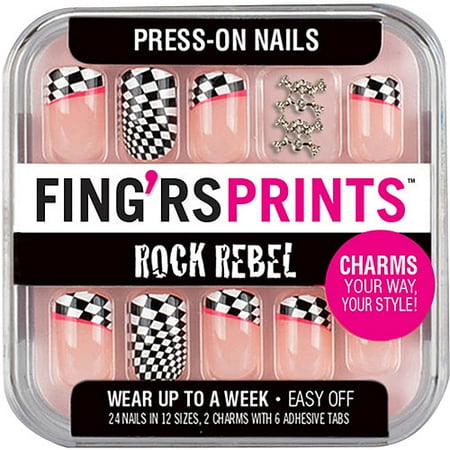 Fing'rs Prints Rock Rebel Press-On Nails, Check Mate, 26 count