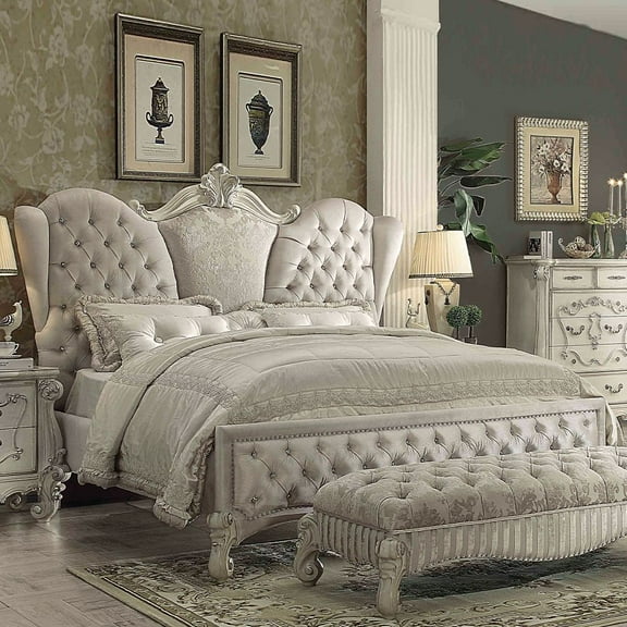Acme Furniture Queen Button Tufted Traditional Velvet Sleigh Beds, Bone White