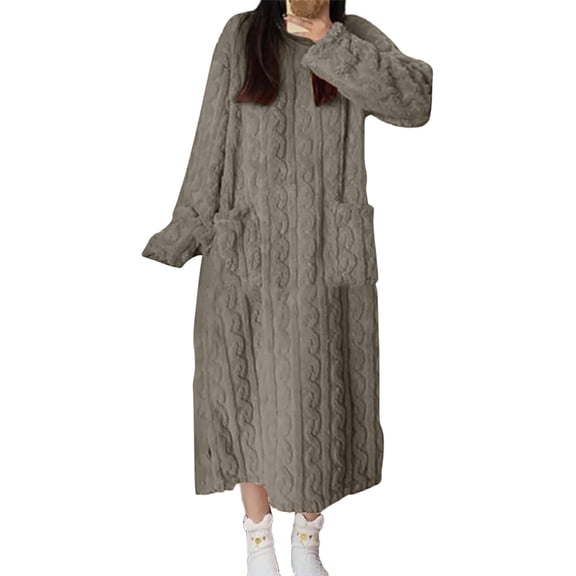 Women's Fleece Nightgown Fuzzy Long Sleeve Warm Long Sleep Dress Loose Crew Neck Pullover Dress with Pockets Sleepwear