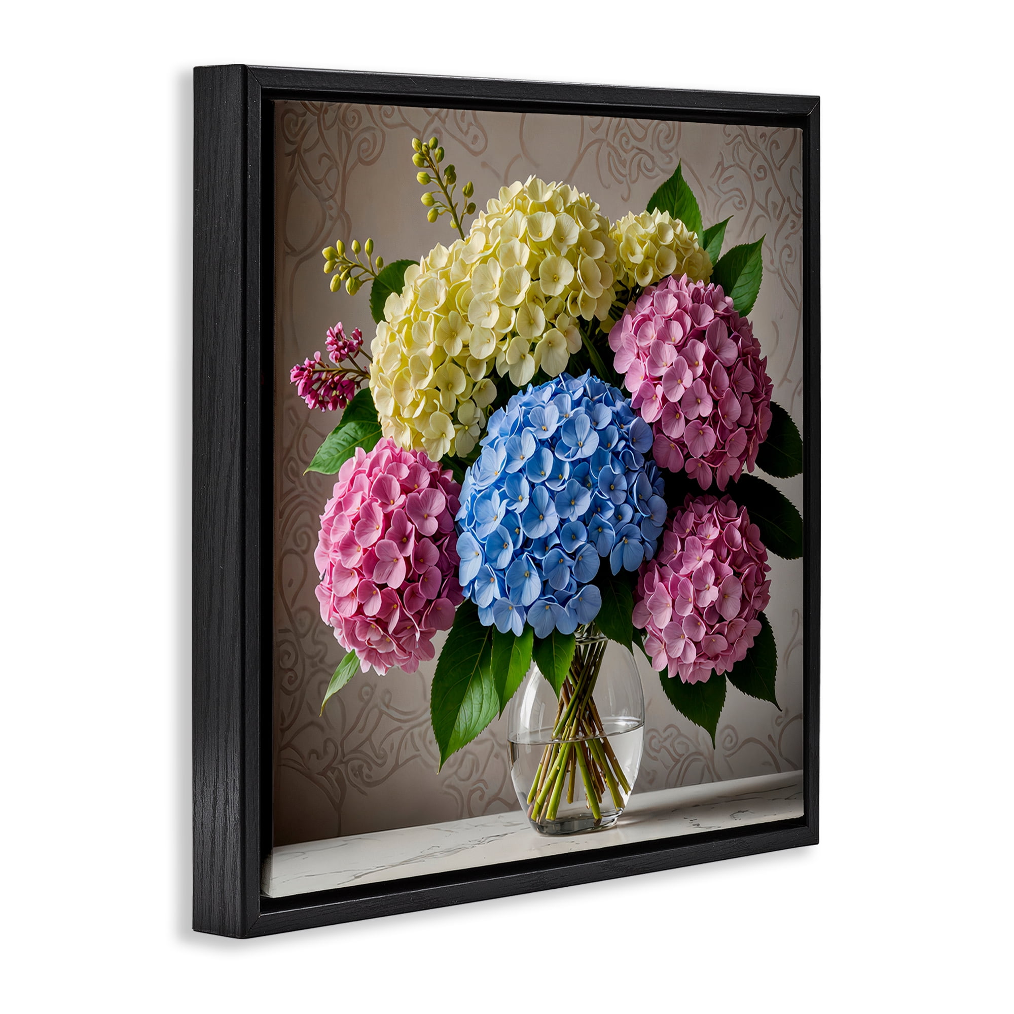 Stupell Industries Bright Hydrangeas Bouquet Plants & Flowers Painting Black Floater Framed Canvas Art Print Wall Art, 18 x 18