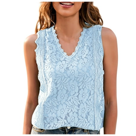 

Summer Savings Clearance! MIARHB Womens Tops Dressy Casual Camisole Female Summer Solid Color Hollowed Out Lace Sky Blue S