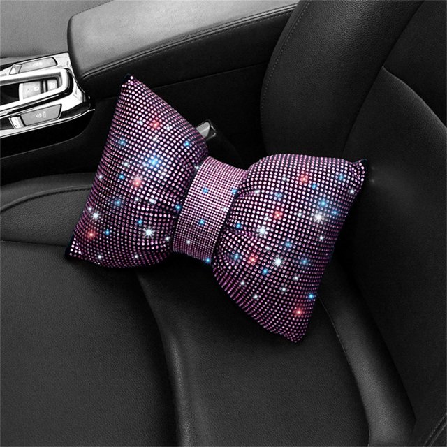 2023 Shiny Rhinestone Bow Car Headrest Neck Pillow for Women Driver Back Support and Relaxation Accessory