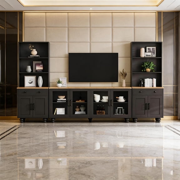 70-inch TV cabinet with bookshelf and glass doors, farmhouse-style media cabinet, gourd legs, adjustable shelves, black finish, suitable for living room