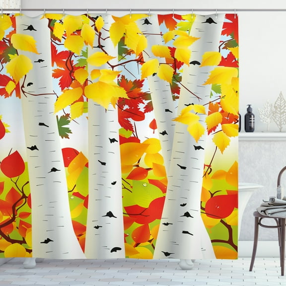 Ambesonne Fall Shower Curtain, Autumn Scene with Leaves, 69"Wx84"L, Mustard Orange Green