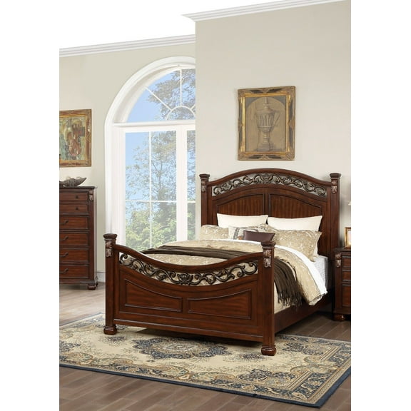 Traditional 1pc Bed Gorgeous Classic Brown Finish Queen Size Bed Floral Design Headboard Footboard Bedroom Furniture