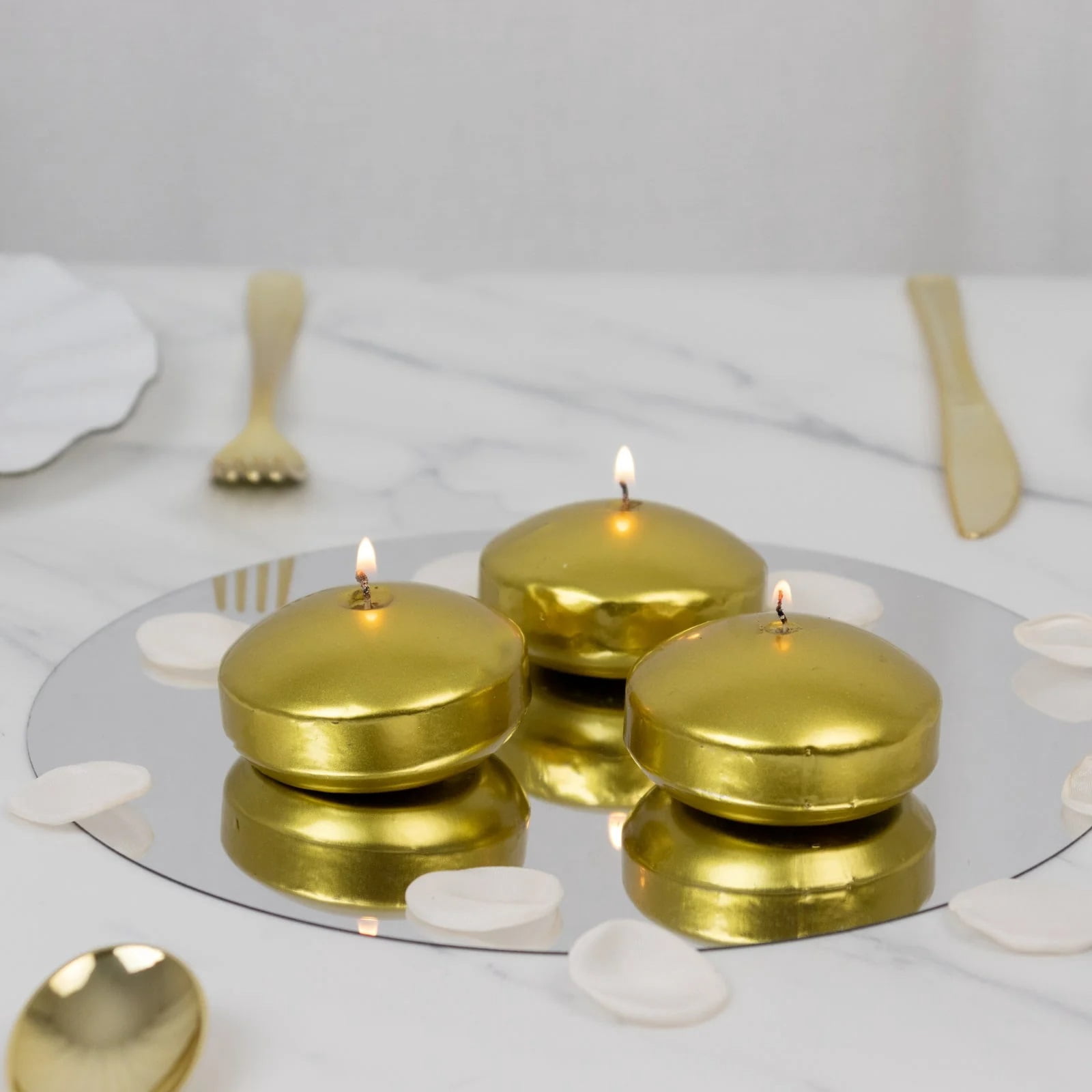 Balsa Circle 12 Gold 3 in Round Unscented Floating Candles Dripless Wax Discs Party Wedding Table Centerpieces Event Decorations Supplies