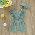 thumbnail image 4 of Maxcozy Newborn Infant Baby Girls Outfits Cotton Linen Rompers Solid Ruffle Jumpsuits + Headband Set Green 6-12 Months, 4 of 8