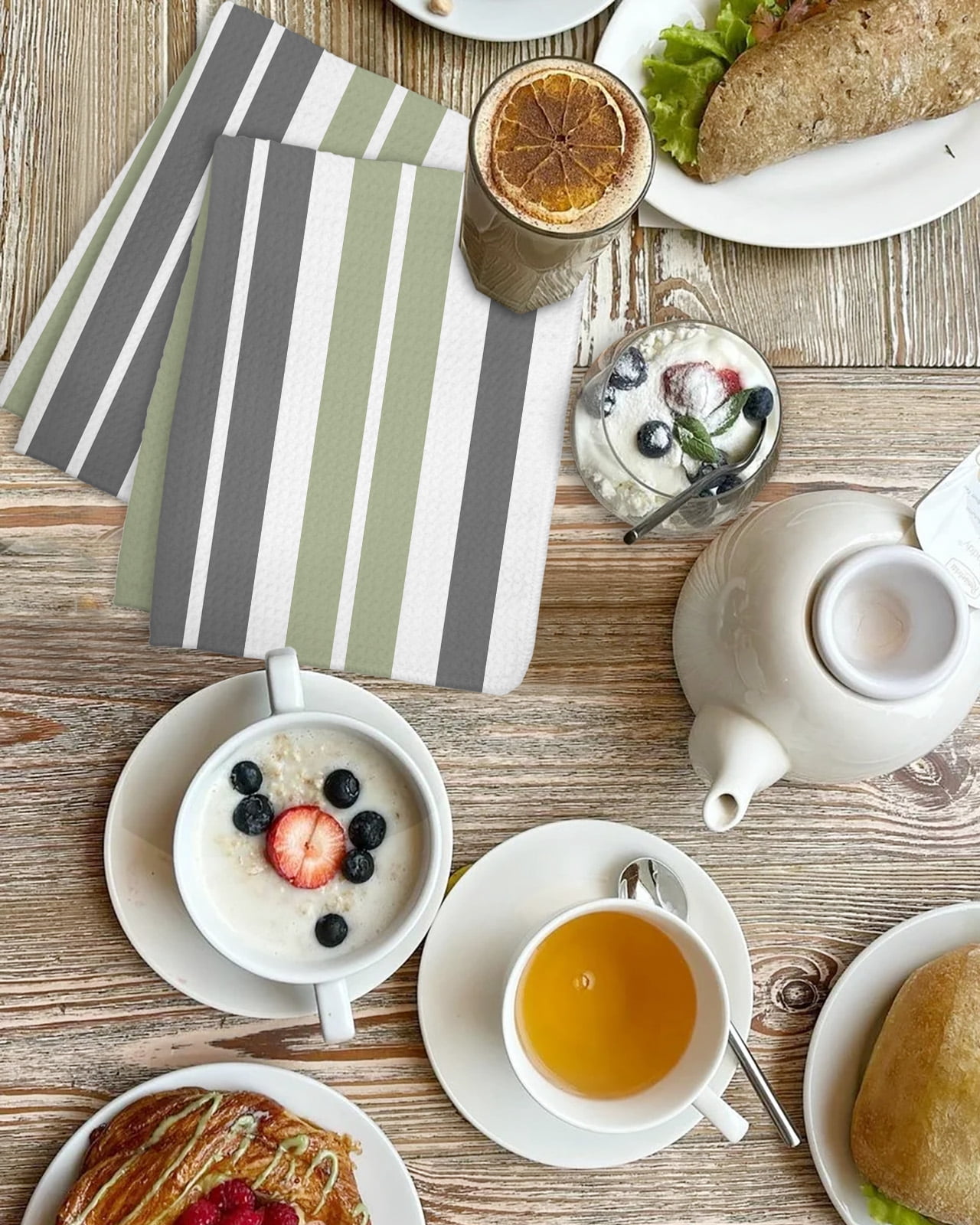Sage Green Grey Striped Hand Towels Set, Waffle Weave Kitchen Towels 3 Pieces, Gray Modern Abstract Art Microfiber Hair Face Bath Tea Towel Absorbent Quick Drying Cleaning Dish Cloths 15.7"x23.6"