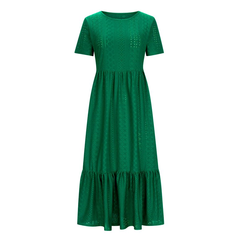 ATOYSOY Women's Beach Drop Waist Tiered Tea Length A Line Dress Pockets  Elegant Casual Ruffle Hem Round Neck Short Sleeve Retro Workout Dress for  Girls Green - Walmart.com