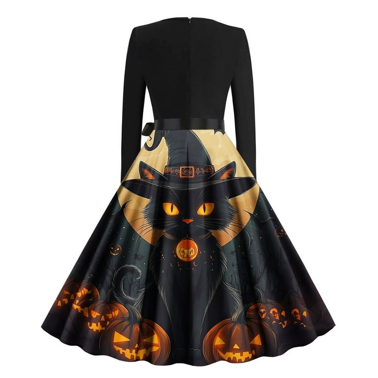 Swiftwear Halloween Party Dress for Women Ghost & Pumpkin Print Flared Skirt Dress Long Sleeve Crew Neck Design with Adjustable Bow Tie, Women's, Size