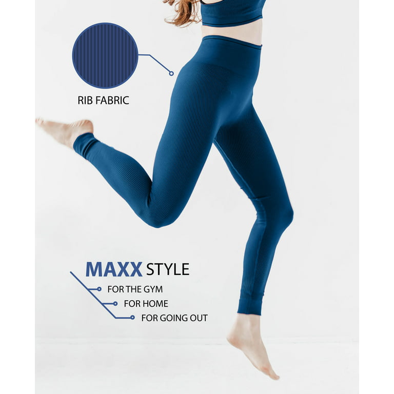 Womens Ribbed Seamless Leggings High Waisted For Exercise Gym Workout Yoga  Running by MAXXIM Navy Blue X-Large
