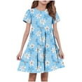 thumbnail image 2 of Spazoro Toddler Girls A-Line Dress, Short Sleeve Casual Round Neck Floral Print Princess Dresses for Child Girls Light Blue Size 13-14T, 2 of 5