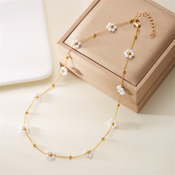 Women's Flower Pearl Necklace - 10 White Pearl Floral Alloy Jewelry, Adjustable 17.32 Inch Chain, Elegant Gift for Her, Birthday, Anniversary