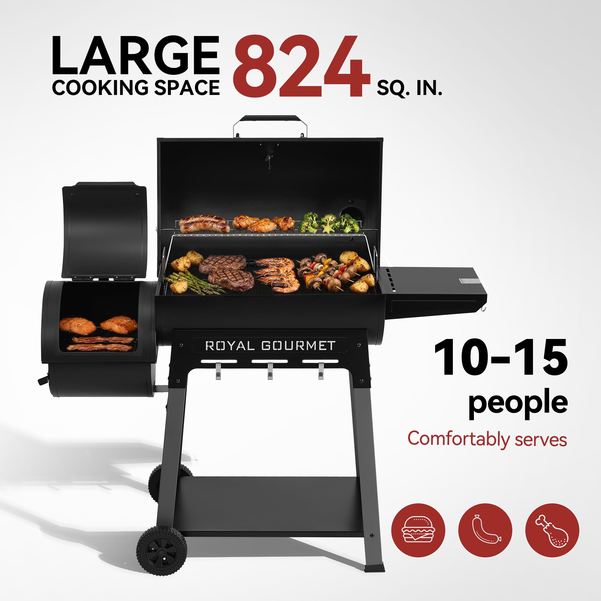 Royal Gourmet Barrel Charcoal Grill with Offset Smoker for Backyard Cooking, Black