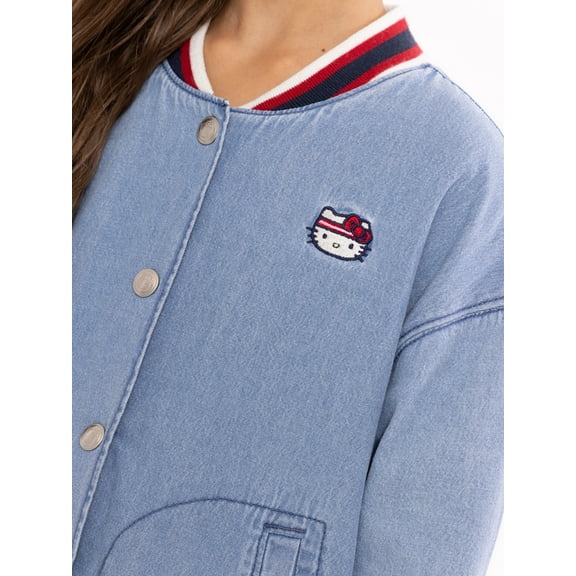 Wonder Nation Hello Kitty Girls Cotton Denim Bomber Jacket, Midweight, Sizes 4-18