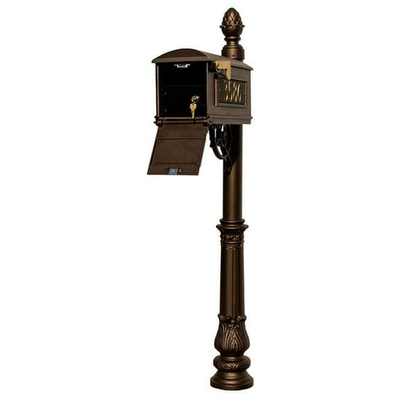 Lewiston LMC-LKIT-703-BZ Mailbox Locking Insert Post System with Ornate Base, Pineapple Finial & 3 Cast Plates - Bronze