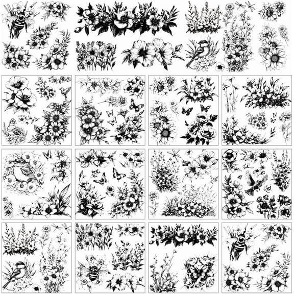 12 Sheets Rub On Transfer Stickers Black and White Flower Stickers Minimalism Themed Sticker with Birds Butterflies Dragonflies for Journal Planners Porcelain Decor 5.5 x 5.5 Inches‌ Colorful