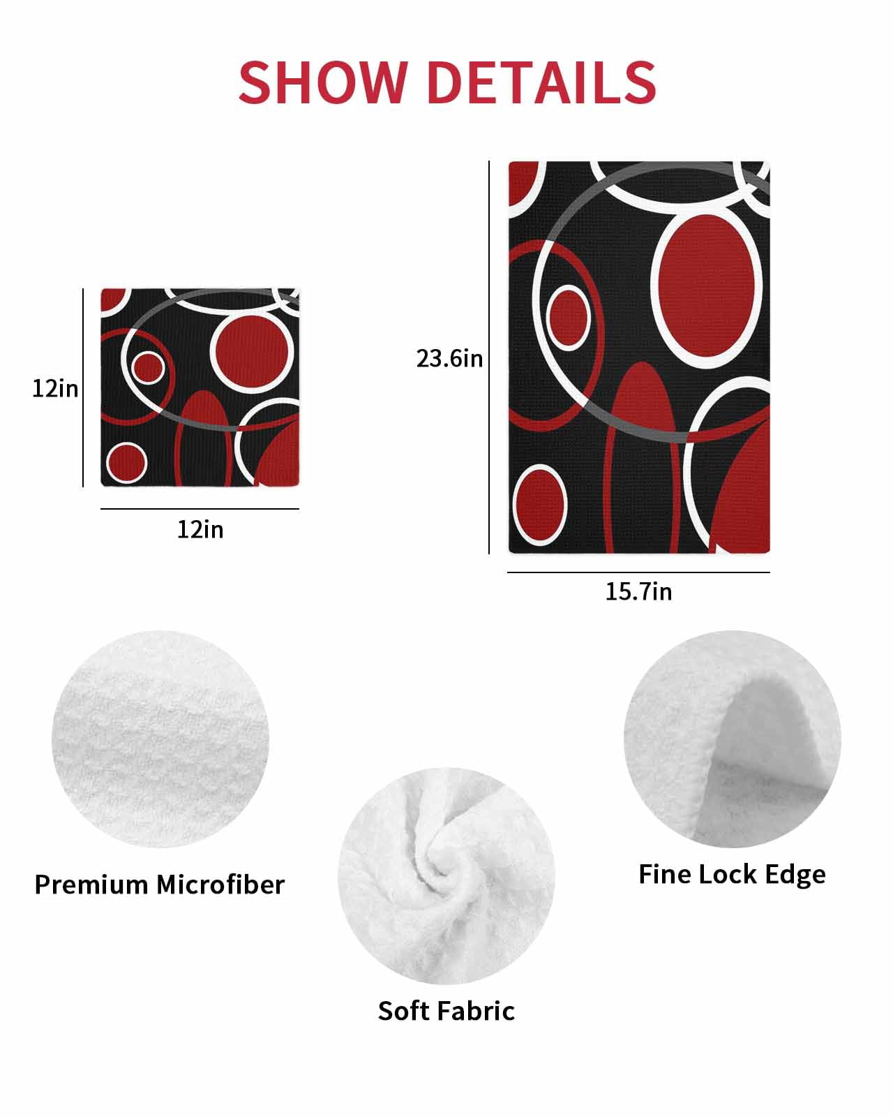 Black Red Dish Towels Set, Waffle Weave Kitchen Towels 3 Pieces, White Circle Geometric Abstract Texture Microfiber Hair Face Bath Tea Towel Absorbent Quick Drying Cleaning Dish Cloths, 12"x12"