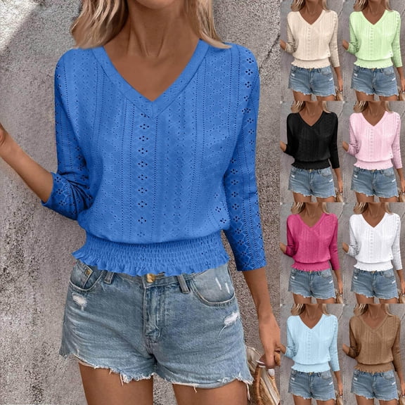 Feancey Eyelet Tops for Women 3/4 Sleeve V Neck Shirts Fashion Smocked Waist Crop Top Business Casual Work Blouse Trendy Going Out T-Shirt Blue XL