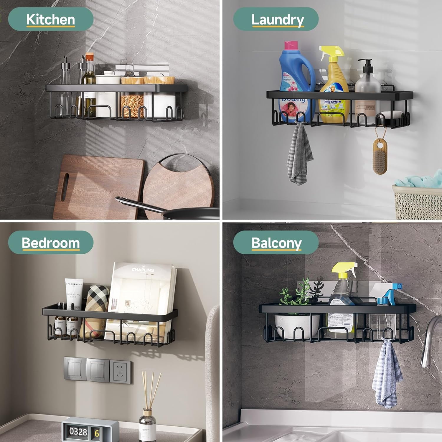 Ophanie Adhesive Shower Caddy 5 Pack, Large Capacity Bathroom Organizers and Storage, No Drilling Wall-Mounted Basket, Black
